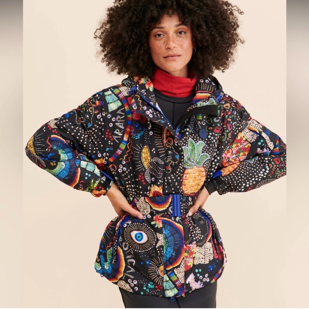 RARE Farm Rio Borogodo Ski Jacket Size S Black Multicolor Hooded Snow Coat